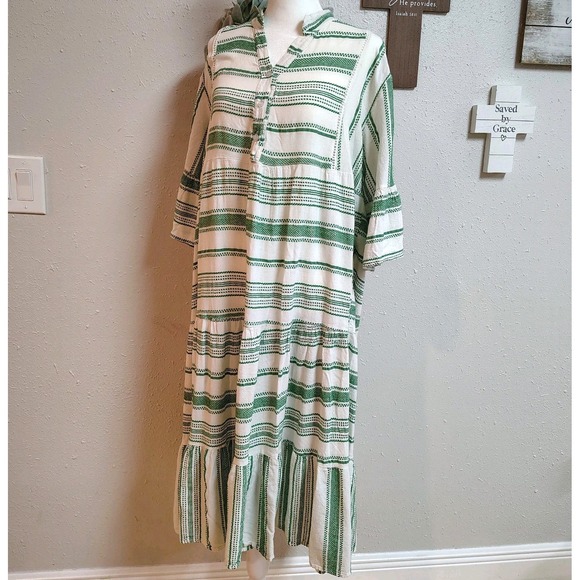 NT By Amati Dress Womens One Size Midi Cream‎ Green Woven Geometric Pattern - Picture 1 of 13